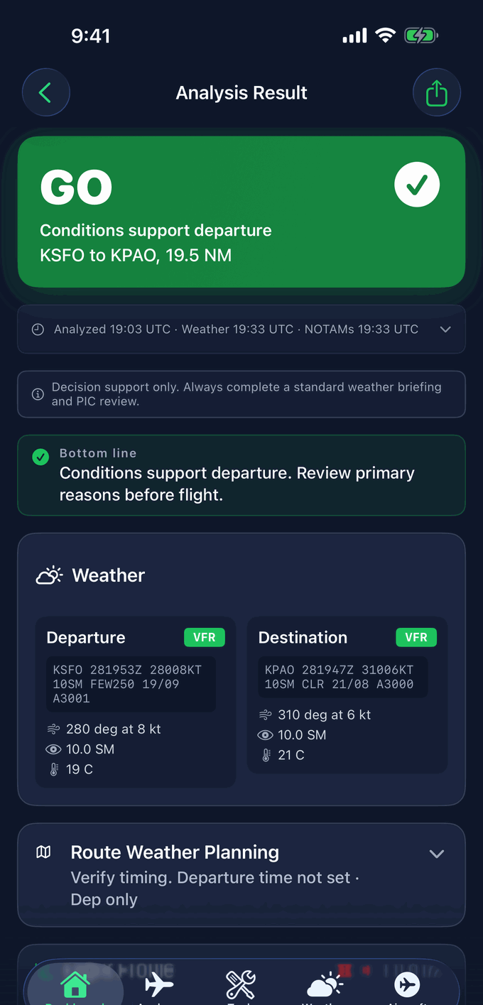 Analysis Result for KSFO to KPAO with a GO banner, a bottom line summary, and eight scored risk categories