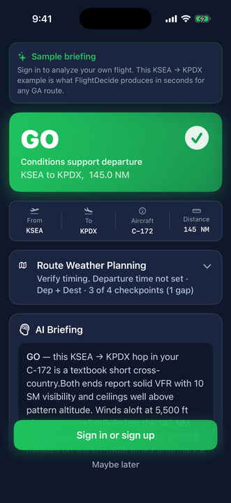 FlightDecide sample briefing shown before sign-in: a KSEA to KPDX example with a green GO verdict and a plain-language advisory summary.