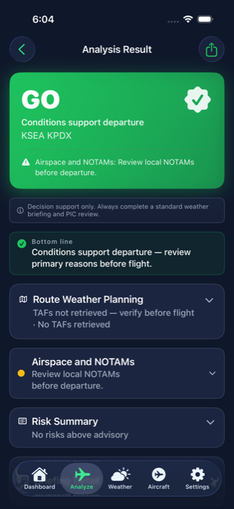 Analysis Result screen on iPhone: large green GO badge with route KSEA KPDX, an Airspace and NOTAMs caution, and a Bottom line summary.