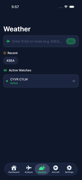 The Weather tab on iPhone: search field 'Enter ICAO or route', a Recent KSEA chip, and an Active Watches section showing a CYVR CYLW watch.
